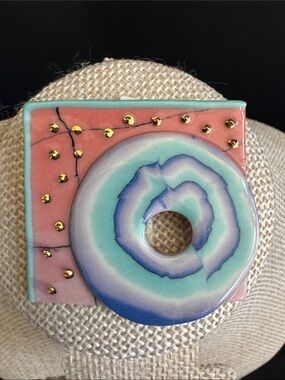 VTG 1980s Postmodern Ceramic Brooch Memphis Milano Art Deco Porcelain Pink Gold
